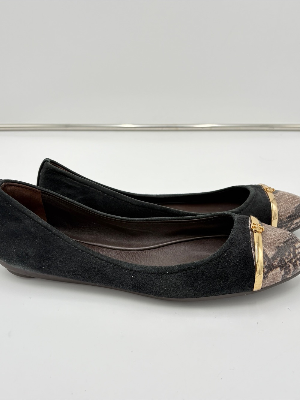 Tory Burch Pacey Driver Black Suede Snakeskin Cap Toe Ballet Flats Womens Sz 9.5